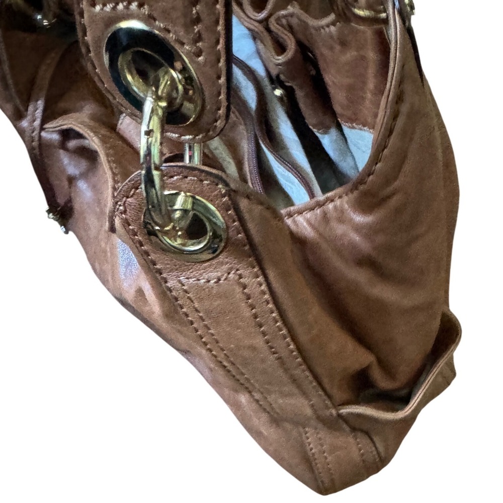 Michael Kors Leather Cognac Slouchy Drawstring Gold Tone Hardware Tote Bag - Picture 4 of 12